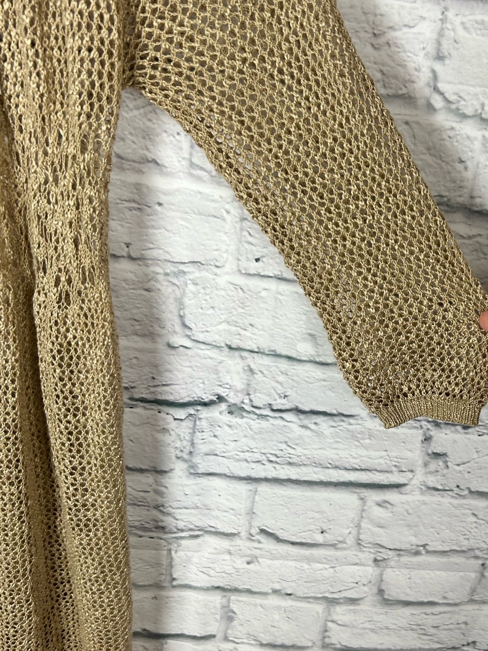 Lascana Open Knit Duster Cardigan Gold Metallic Crochet Longline Size 8/10 - Picture 3 of 8